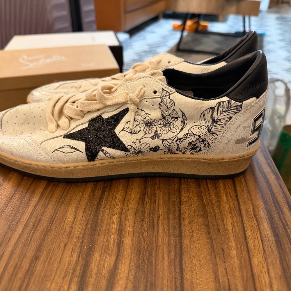 Golden Goose Black and Cream Floral Sneakers